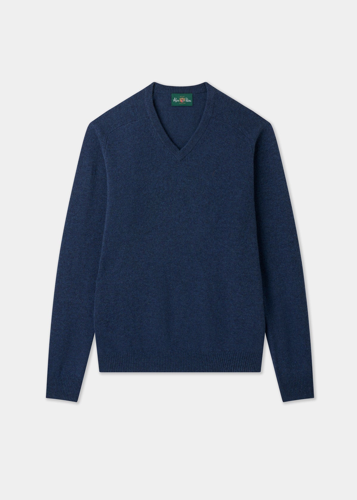 Kilsyth Lambswool Vee Neck Jumper in Jeans, regular fit—premium Yorkshire knitwear. Flat lay on white background.