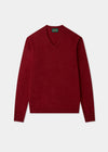 The Hampshire Lambswool Vee Neck Jumper in Poppy, classic fit, is laid flat on a white background.