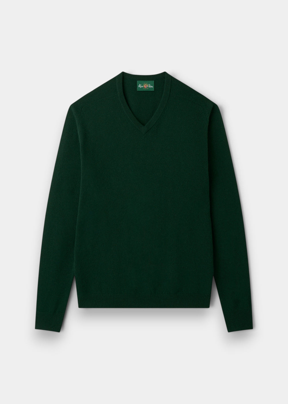 Hampshire Lambswool V-Neck Jumper in Tartan Green, classic fit, shown laid flat on a white background.