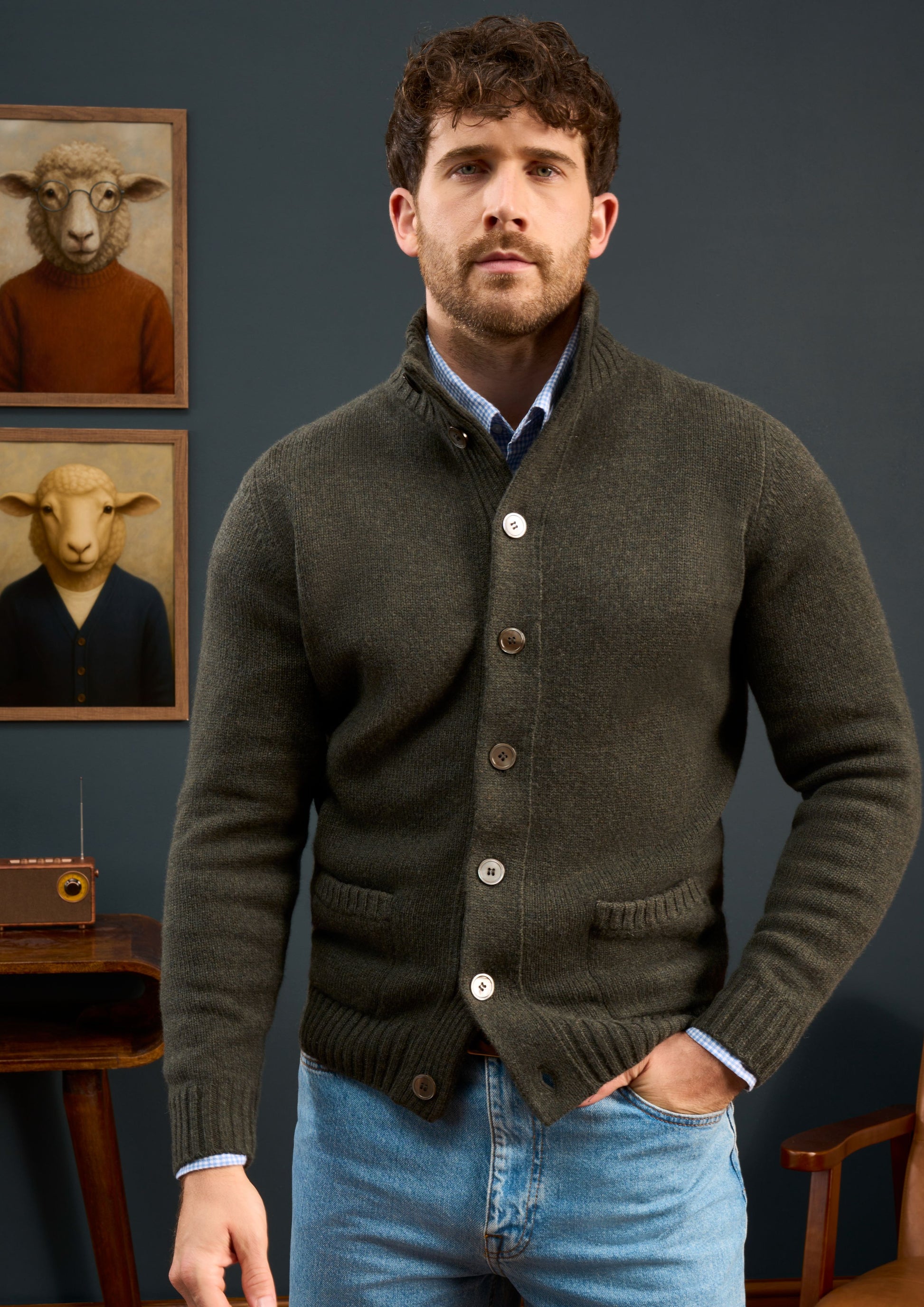 Mens-Lambswool-Mock-Neck-Jumper-Green