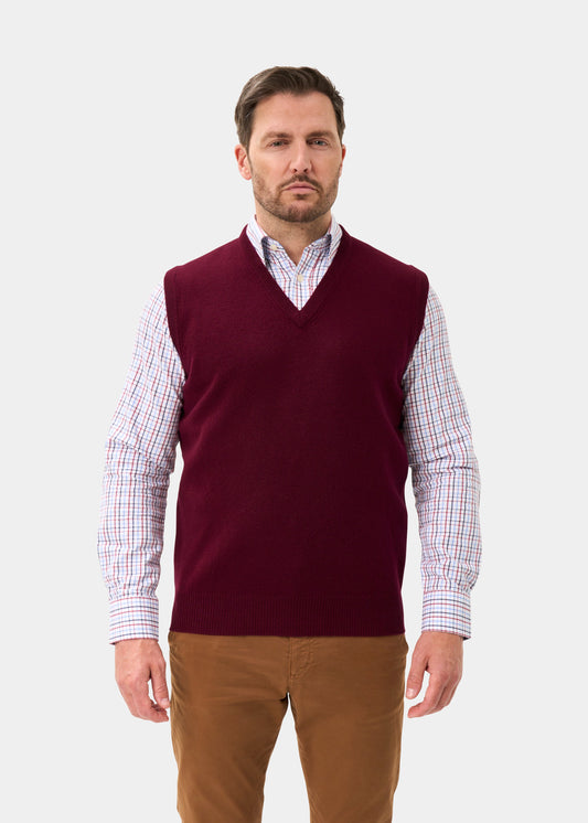 Men's Lambswool Slipover Vee Neck Jumper in Bordeaux