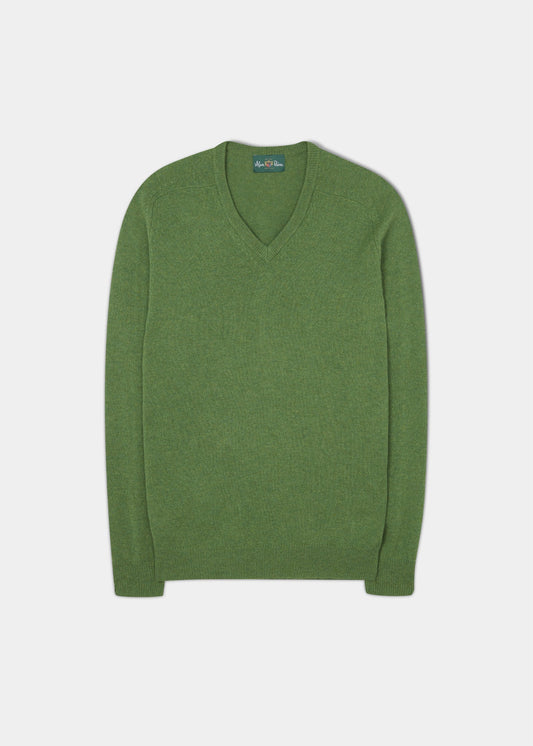 Herrenpullover aus Lammwolle mit V-Ausschnitt in Palm – normale Passform
