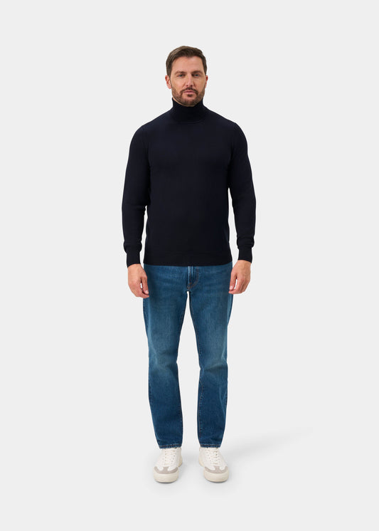 Linton Merino Wool Roll Neck Jumper in Dark Navy - Regular Fit