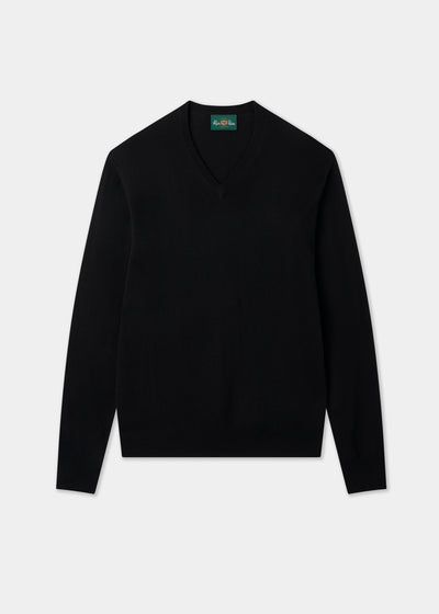 Men's Merino Wool Vee Neck Jumper in Black