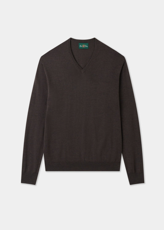 Men's Merino Wool Vee Neck Jumper in Dark Brown