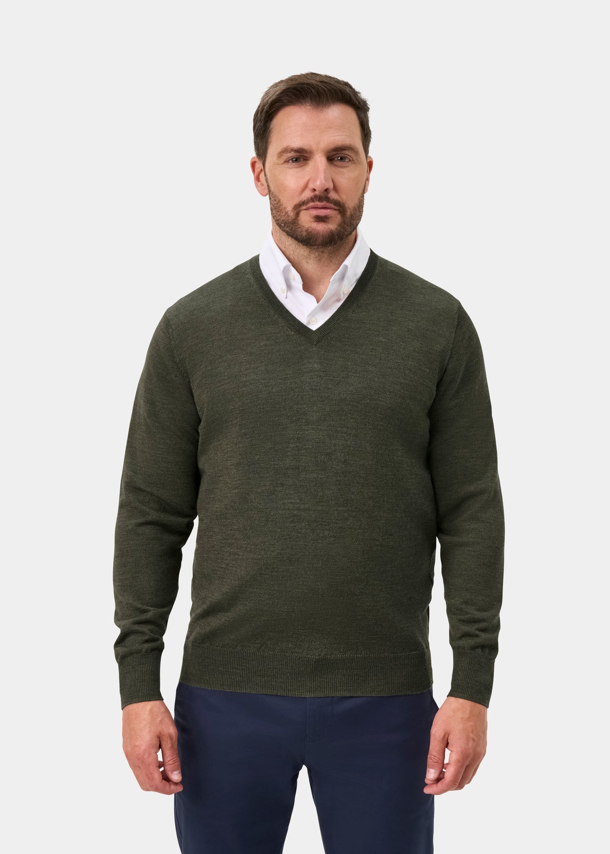 Millbreck Merino Wool Vee Neck Jumper In Seaweed - Regular Fit