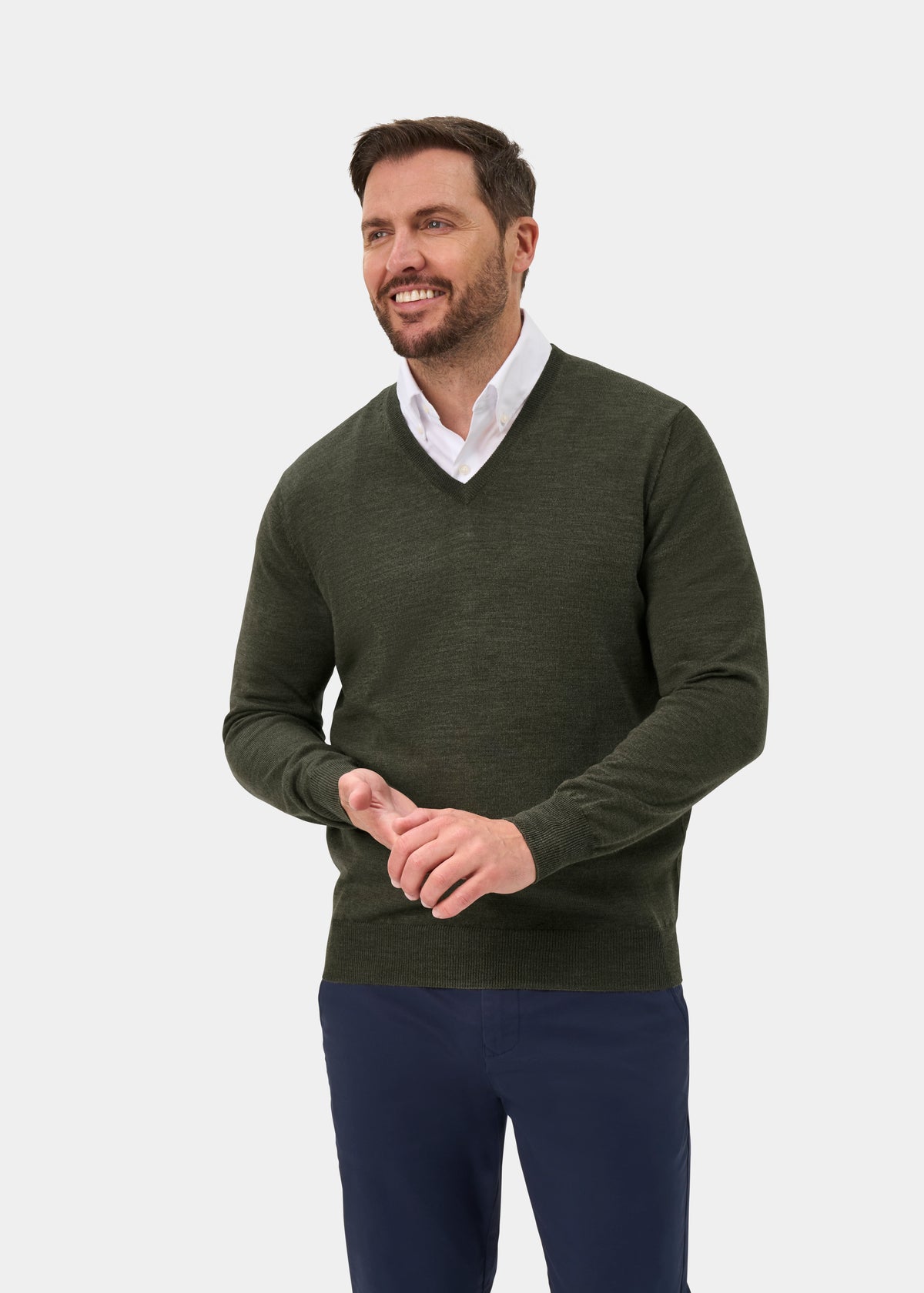Millbreck Merino Wool Vee Neck Jumper In Seaweed - Regular Fit