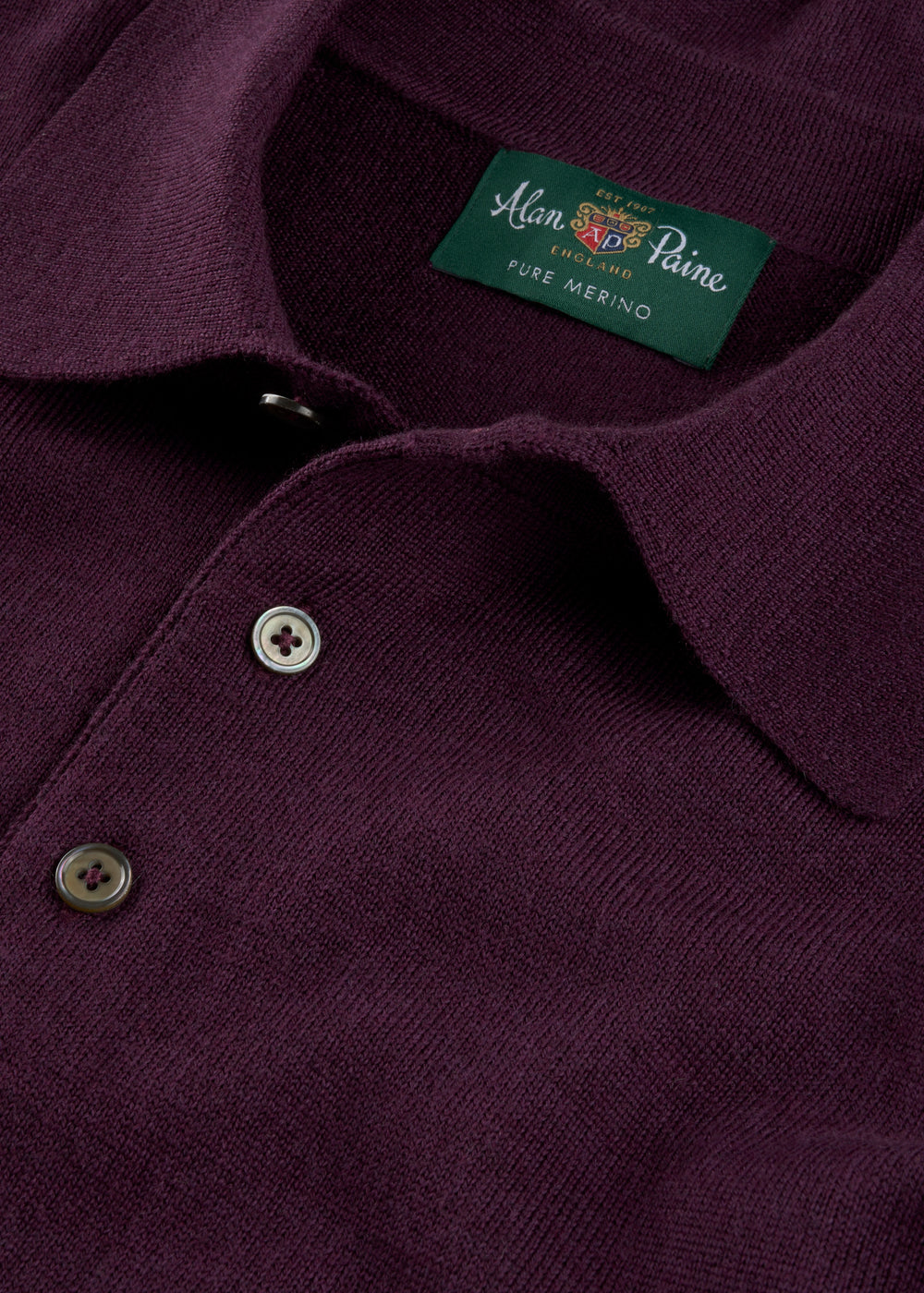Close-up of the Hindhead Men’s Merino Wool Polo Shirt in Black Grape, showing buttons and inside collar label.