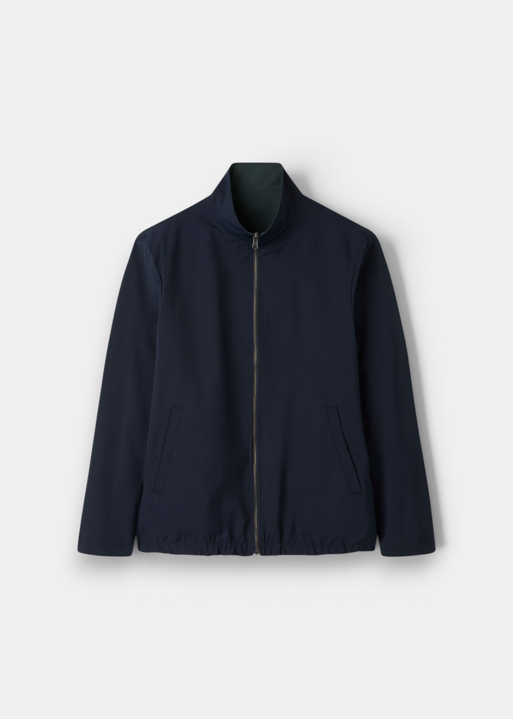 Lakeward Men’s Reversible Bomber Jacket in green/navy with stand collar, zip front, and slanted pockets on white background.