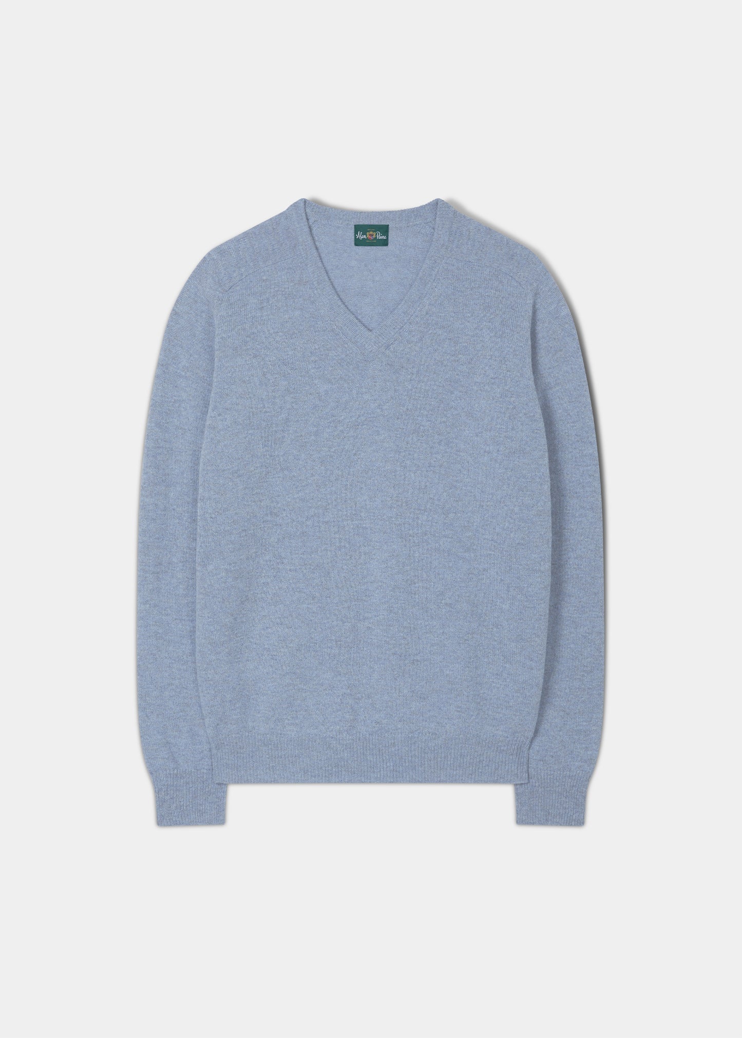 Herrenpullover aus Lammwolle mit V-Ausschnitt in Paradiesblau – normale Passform
