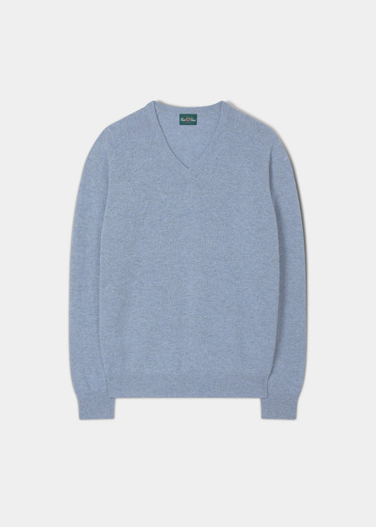Herrenpullover aus Lammwolle mit V-Ausschnitt in Paradiesblau – normale Passform