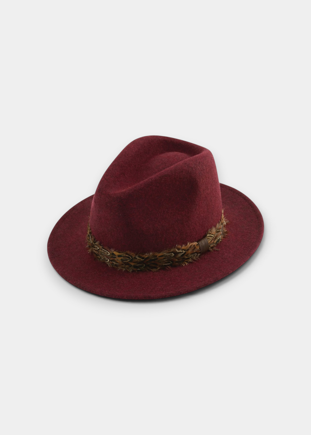 Flat lay of a burgundy wool felt fedora with olive-green leaf band, displayed on a white background.
