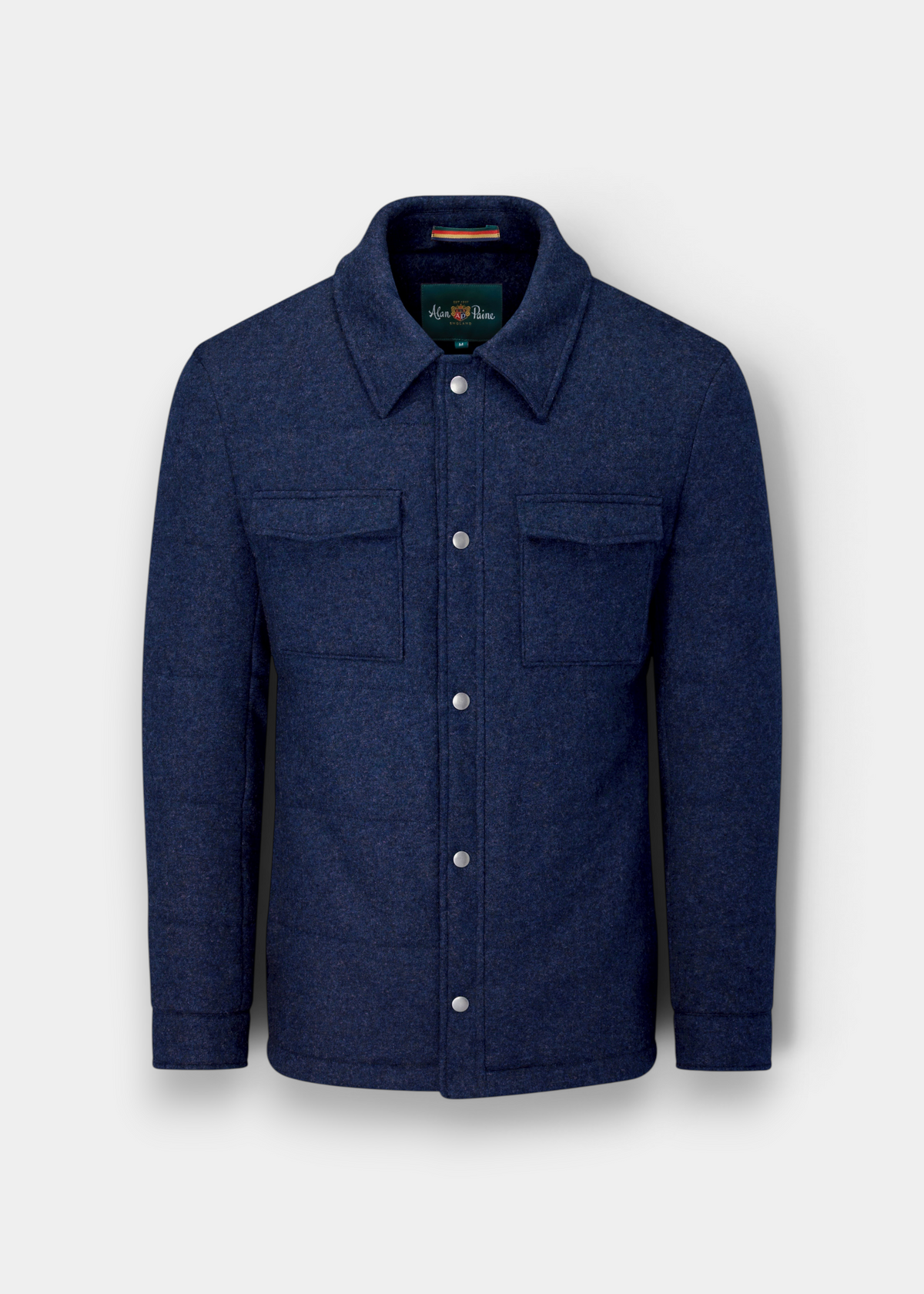 Richmond Men’s Knitted Quilted Shacket in navy blue with a collar and two chest pockets.