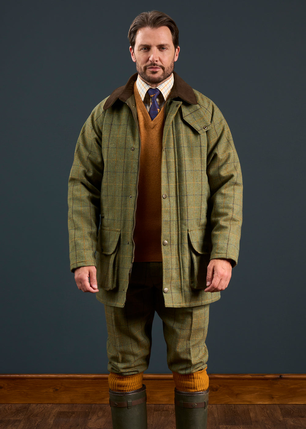 Rutland Men's Tweed Waterproof Shooting Coat In Dark Moss