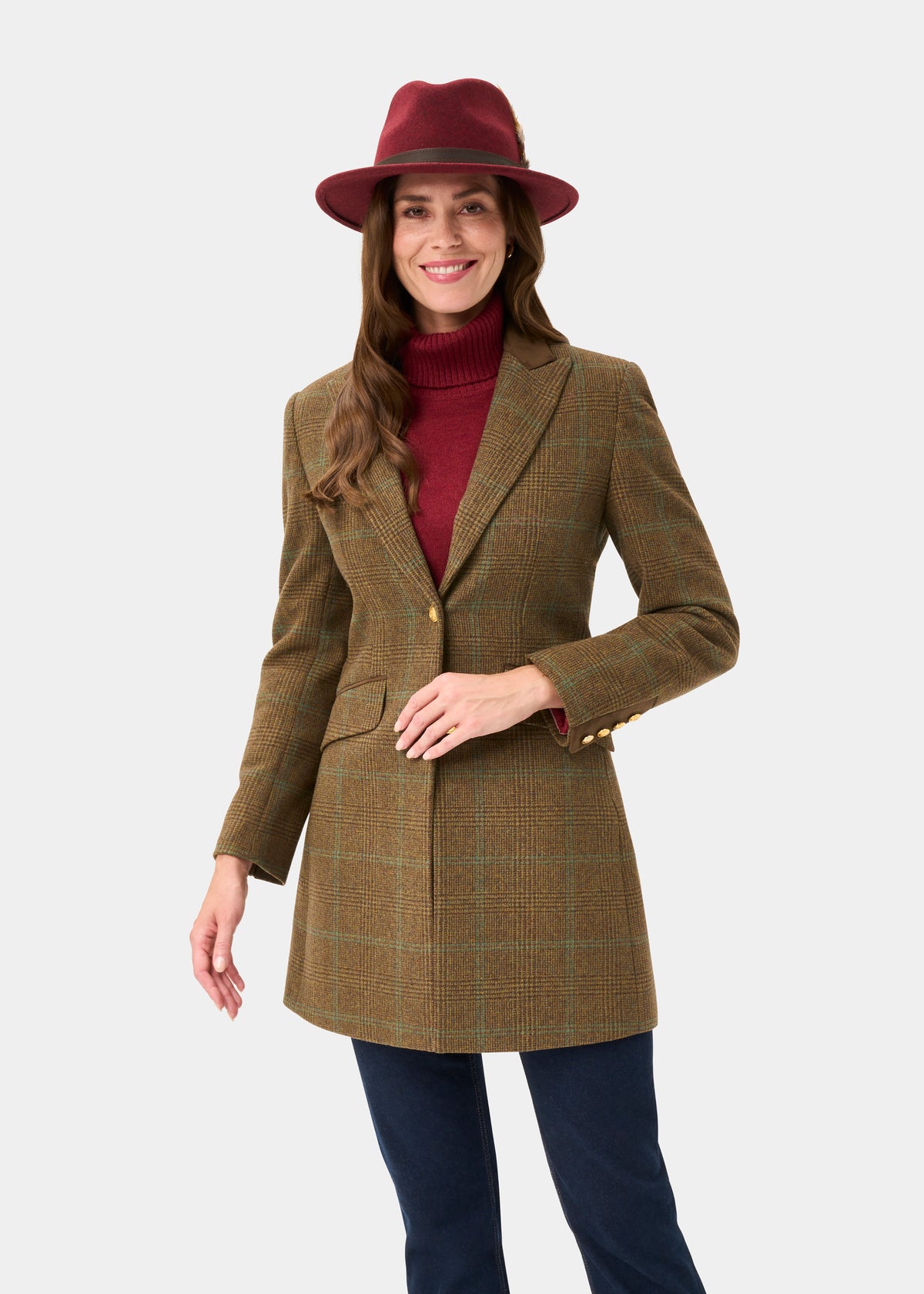 Surrey Ladies Tweed Water Repellent Mid-Thigh Coat in Marsh  -  Regular Fit