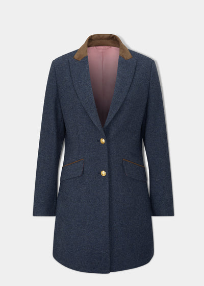 Surrey Ladies Mid-Thigh Tweed Coat In Blue - Regular Fit