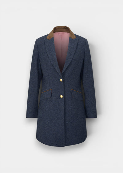 Surrey Ladies Tweed Water Repellent Mid-Thigh Coat in Blue  -  Regular Fit
