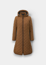 Alan Paine Surrey ladies long quilted coat in autumn gold with a hood, zip closure, and floral interior lining.