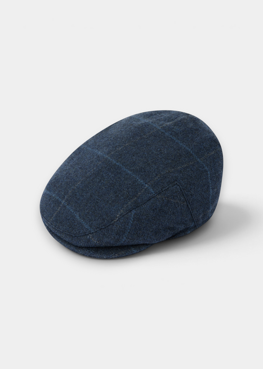 Alan Paine Surrey men's waterproof midnight blue wool tweed flat cap with a subtle check pattern