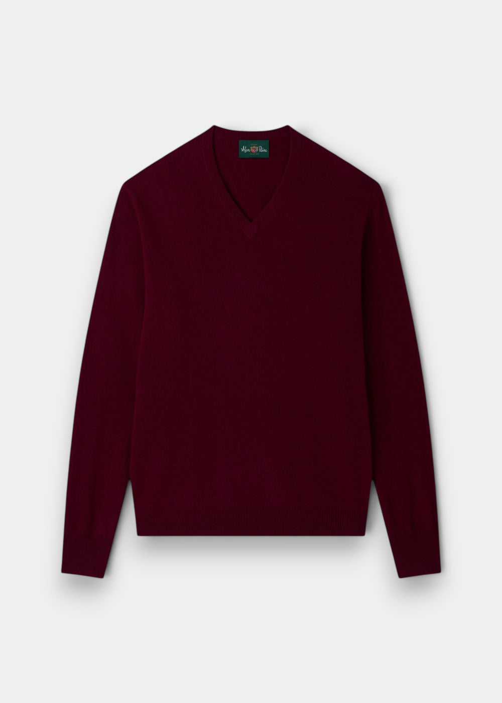 Alan Paine Albury regular fit v-neck jumper in claret red 100% Geelong lambswool with ribbed hem and cuffs