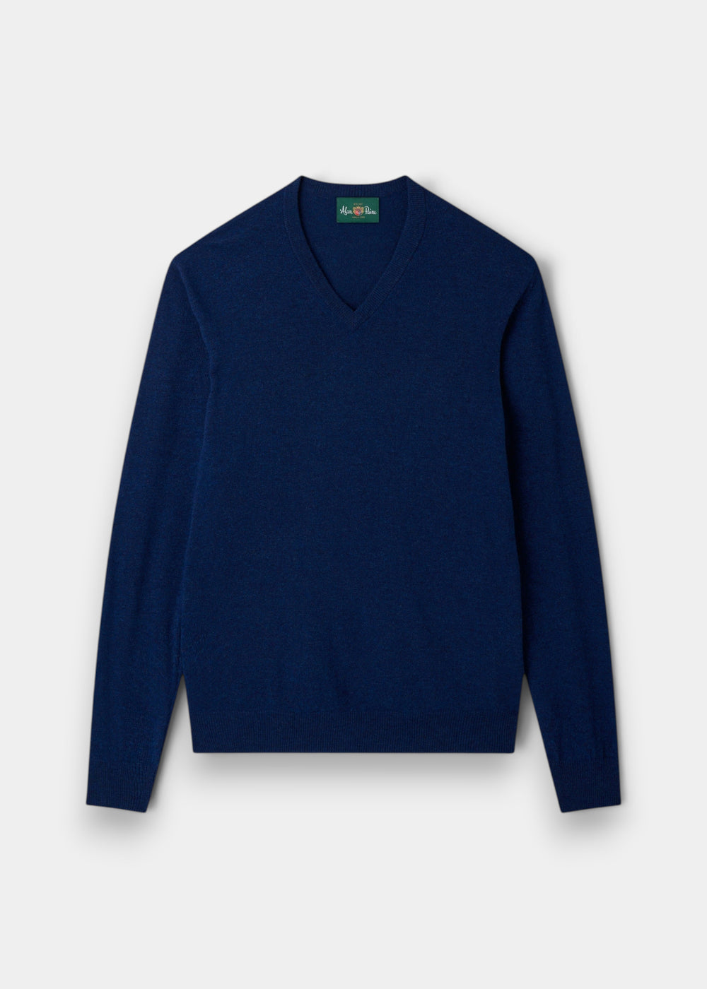 Alan Paine Albury indigo blue V-neck jumper in lightweight Geelong lambswool with ribbed hem and cuffs.