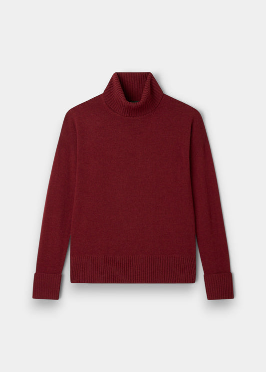 Alan Paine berry wool and cashmere roll neck sweater with ribbed hem, cuffs, and dropped shoulders.