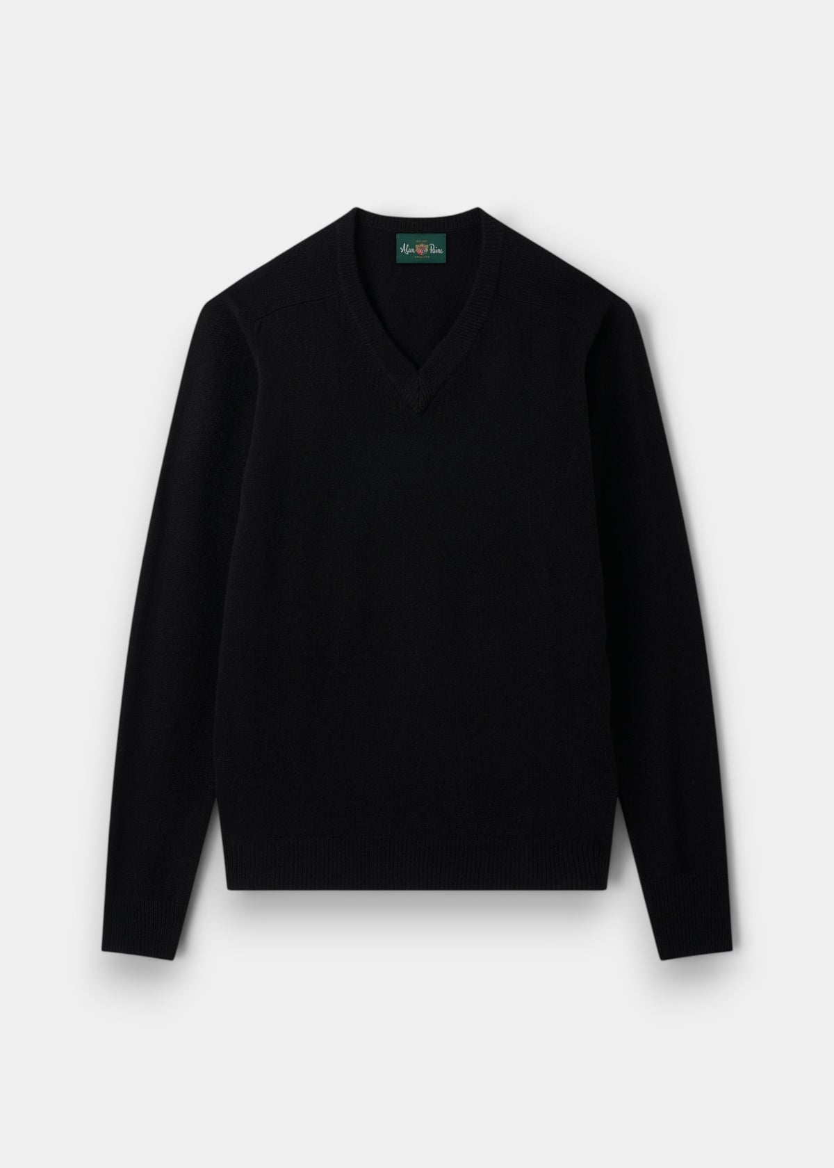 Alan Paine black V-neck jumper in soft lambswool with ribbed hem and cuffs and semi-saddle shoulder shaping.