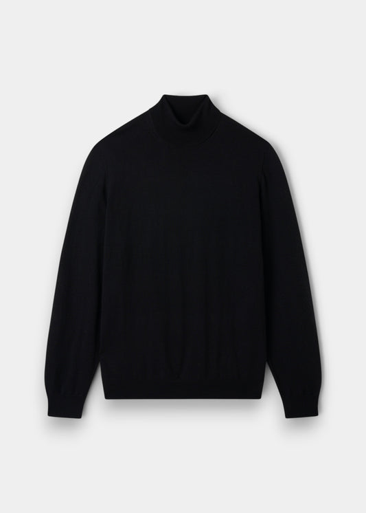 Alan Paine black merino wool roll neck jumper with ribbed hem and cuffs in a regular fit