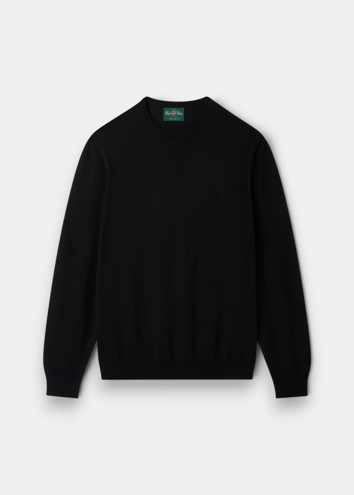 Alan Paine Radstone men's black crew neck jumper in soft 100% Italian merino wool with ribbed hem and cuffs.