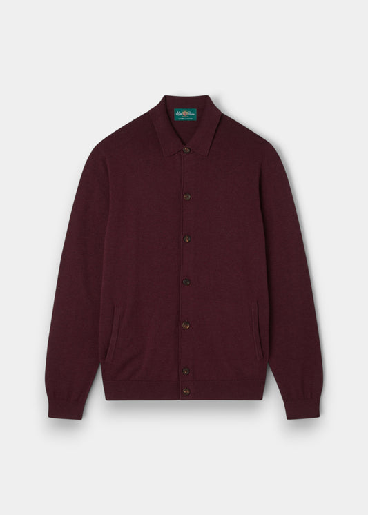 Alan Paine Tyneham men's blackcurrant button-through shirt in a soft cotton and cashmere knit blend.