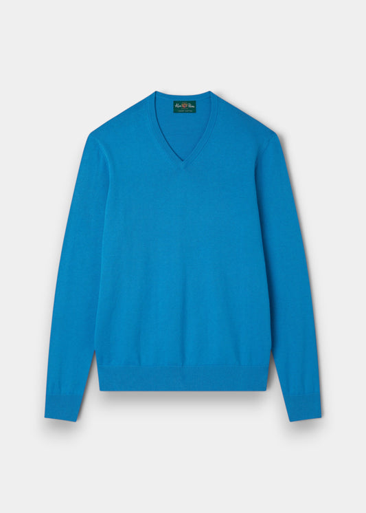 Alan Paine Rothwell blue lagoon v-neck jumper in a soft pima cotton and cashmere blend with ribbed hem and cuffs.
