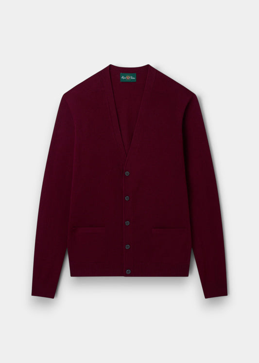 Alan Paine Cornwall classic fit bordeaux lambswool cardigan with five buttons and two jetted pockets.