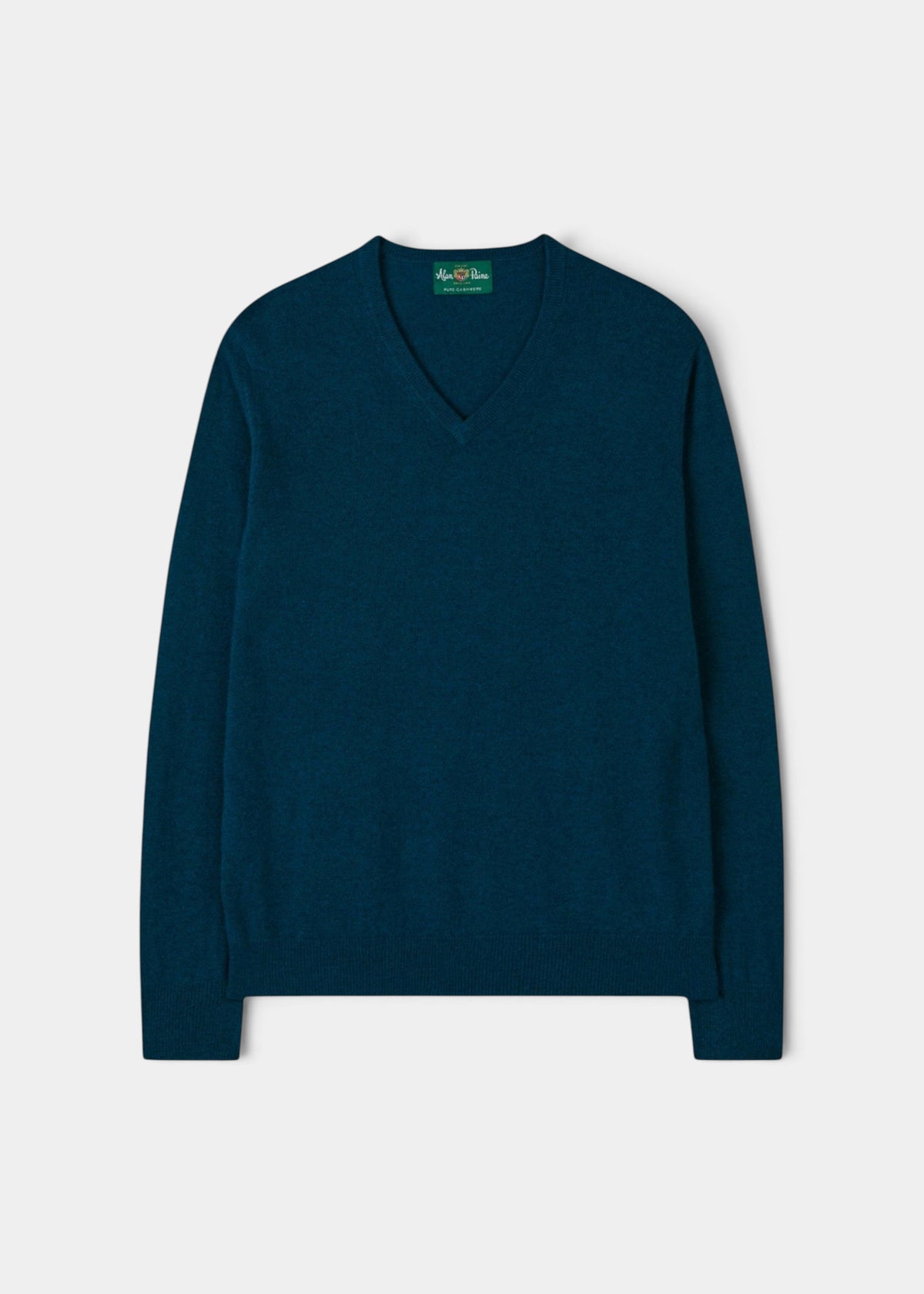 Haddington Pure Cashmere V-Neck Jumper in Bottle Blue, regular fit, laid flat on a white background.