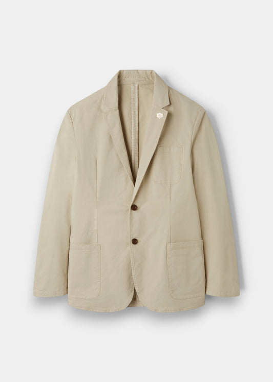 Alan Paine Bridgeford men's beige cotton summer blazer with two-button closure and patch pockets.