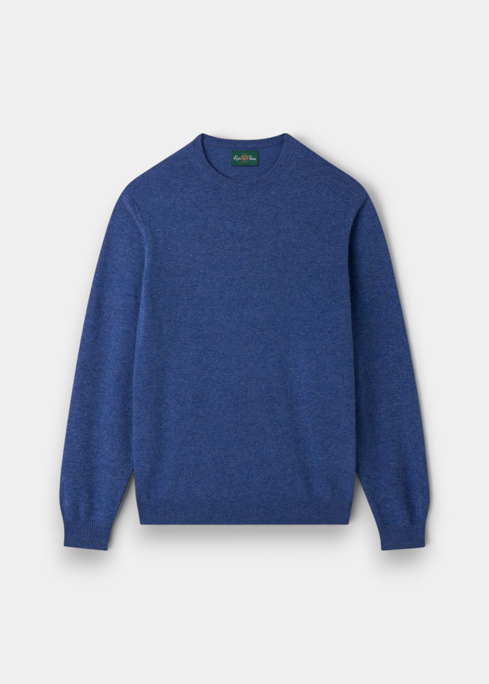 A Brisbane Geelong wool crew neck jumper in Ullswater is laid flat on a white background.