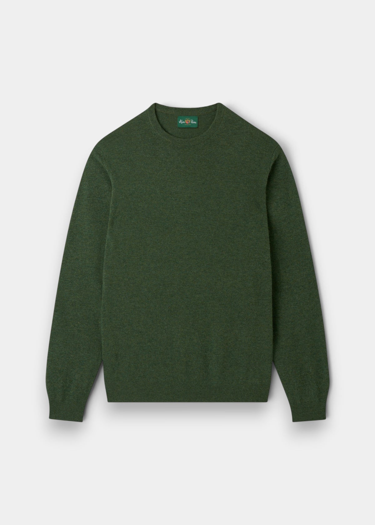 Brisbane Geelong Wool Crew Neck Jumper in Rosemary, regular fit, soft lambswool, long sleeves, shown flat on white.