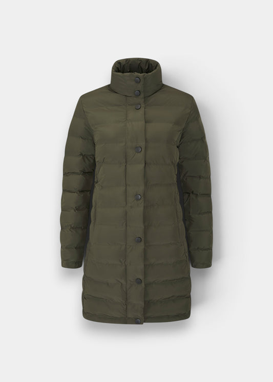 Alan Paine Calsall ladies olive green quilted coat with a high collar, zip and button placket, and regular fit.