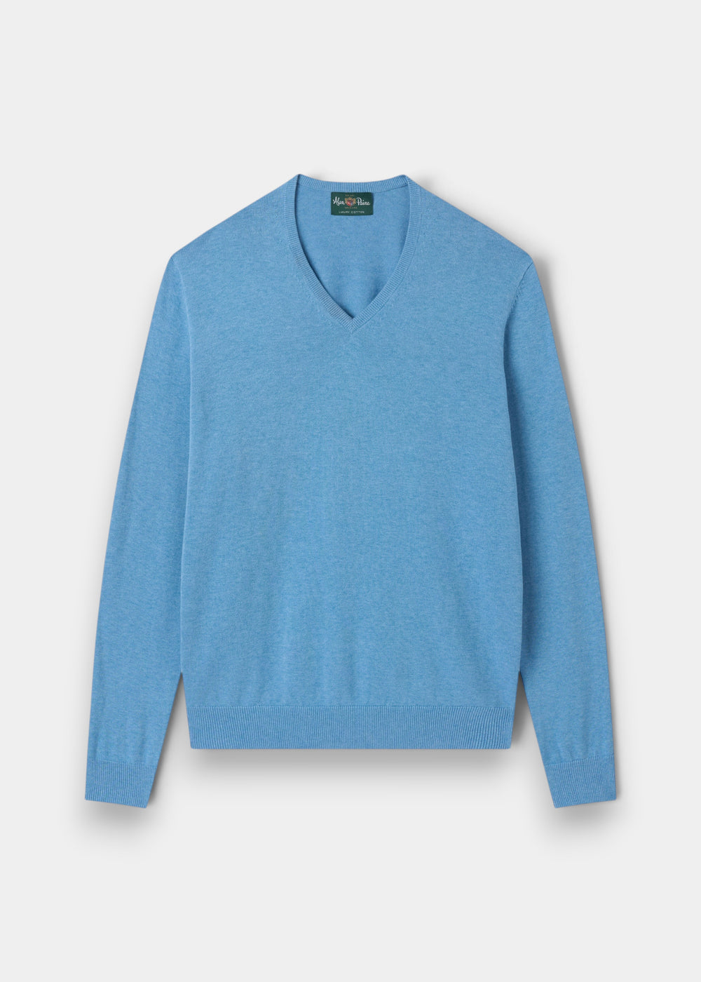 Alan Paine Rothwell Carolina blue V-neck jumper made from a soft Pima cotton and cashmere blend with ribbed trim.