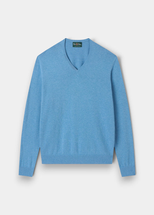 Alan Paine Rothwell Carolina blue V-neck jumper made from a soft Pima cotton and cashmere blend with ribbed trim.