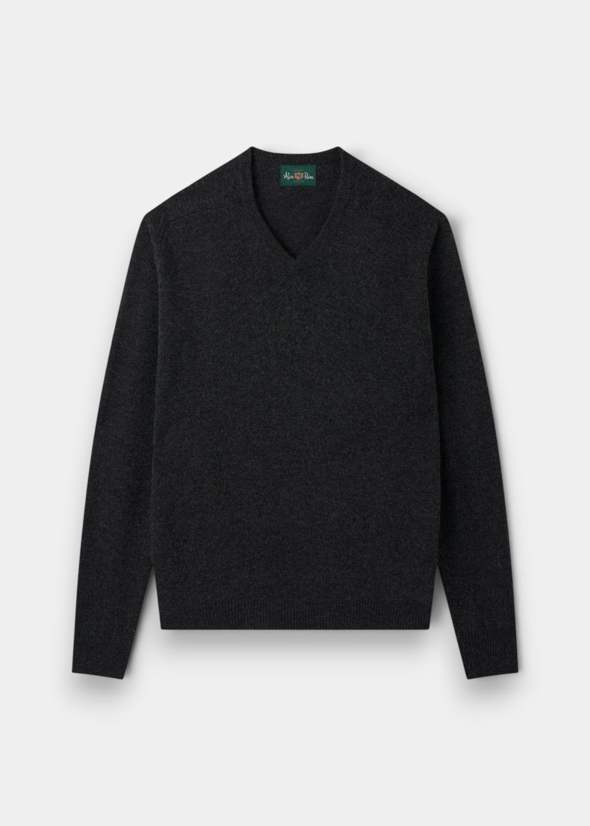 Alan Paine charcoal V-neck jumper in soft lambswool with a classic fit, saddle shoulders, and ribbed cuffs and hem.