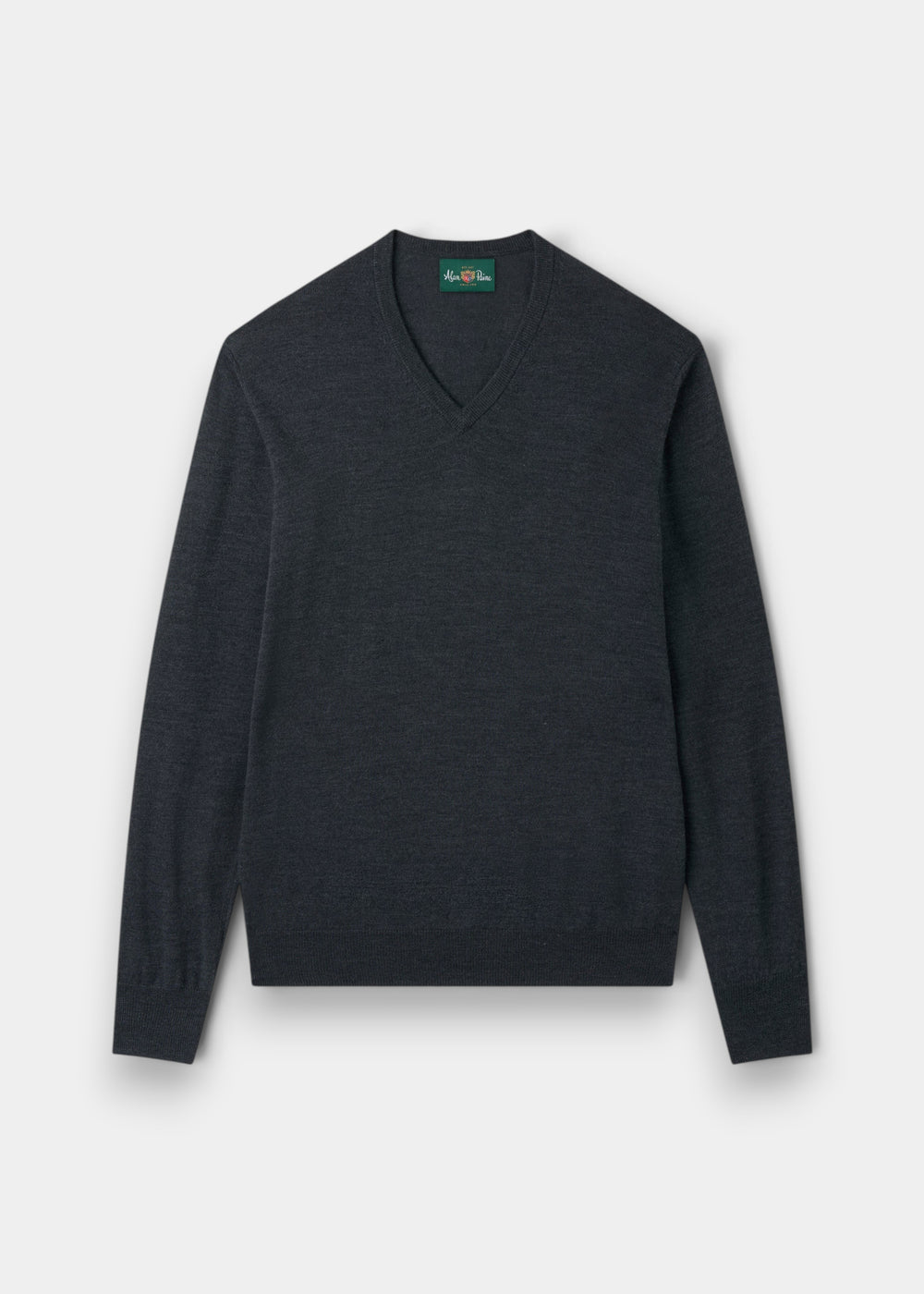 Alan Paine Millbreck charcoal v-neck jumper in 100% fine Italian merino wool with ribbed hem and cuffs.