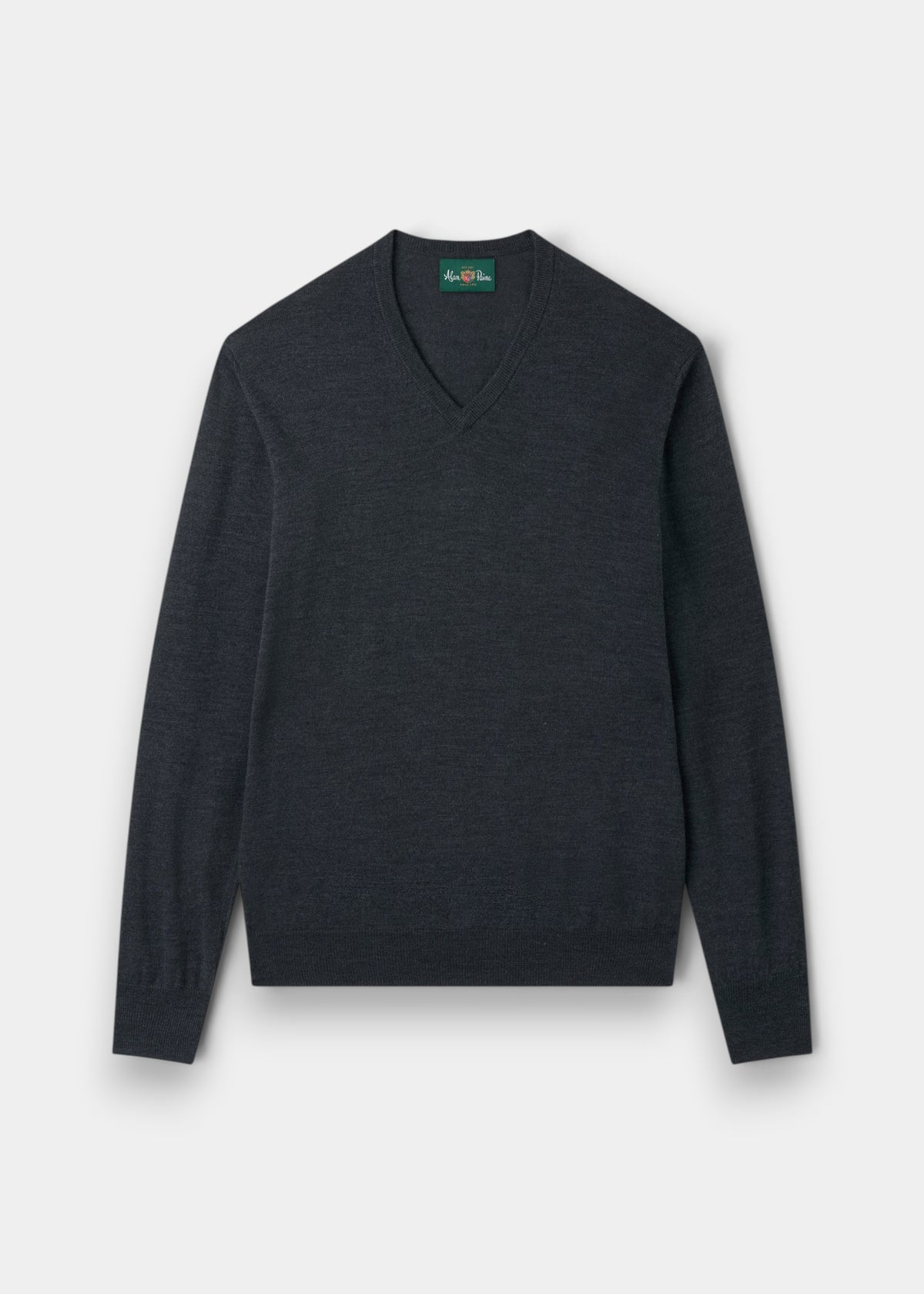 Alan Paine Millbreck charcoal v-neck jumper in 100% fine Italian merino wool with ribbed hem and cuffs.