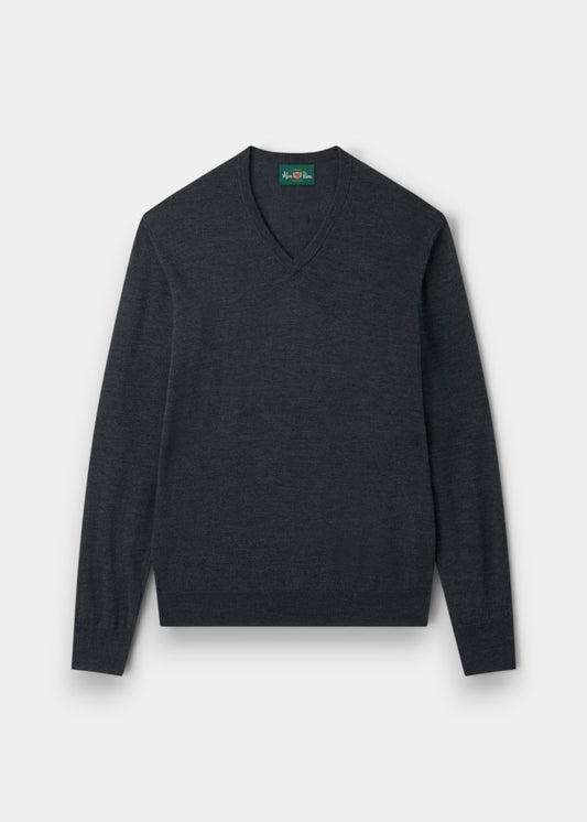 Alan Paine Millbreck charcoal v-neck jumper in 100% fine Italian merino wool with ribbed hem and cuffs.