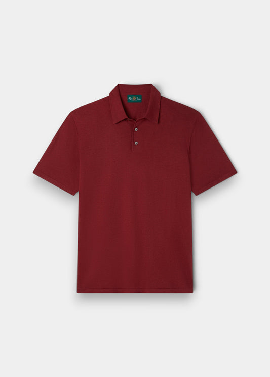 Alan Paine cherry red luxury polo shirt in a soft blend of Pima cotton, silk, and cashmere with a ribbed hem.