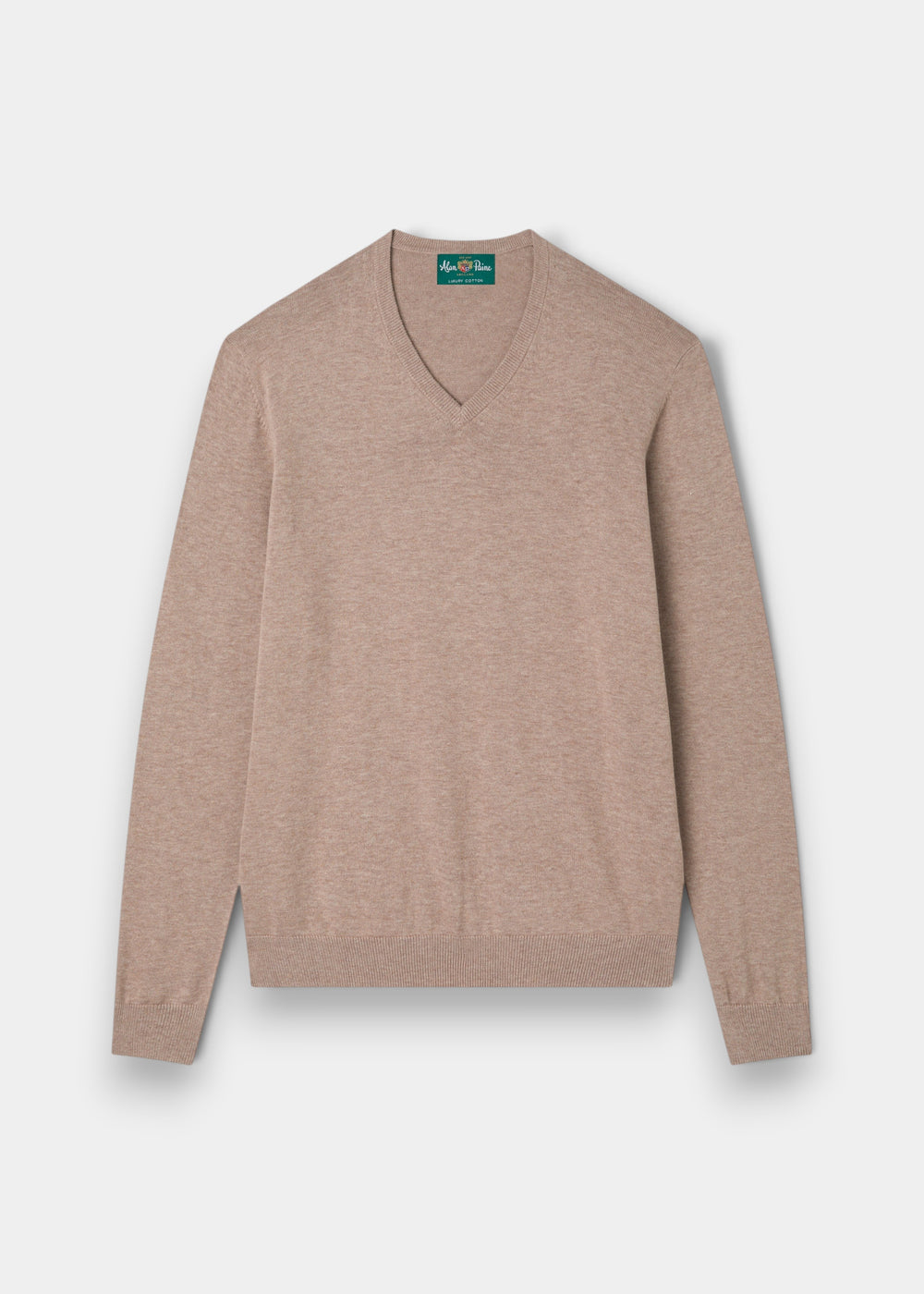 Alan Paine Rothwell coffee brown v-neck jumper in a soft pima cotton and cashmere blend with ribbed hem and cuffs.