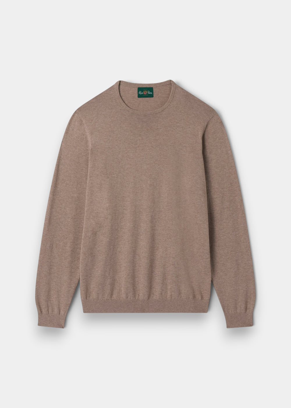 Alan Paine luxury coffee brown crew neck jumper in a soft pima cotton, silk, and cashmere blend with ribbed trim.