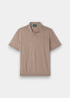 Alan Paine coffee brown short sleeve polo shirt in a wool, linen, and silk blend with an open collar design.