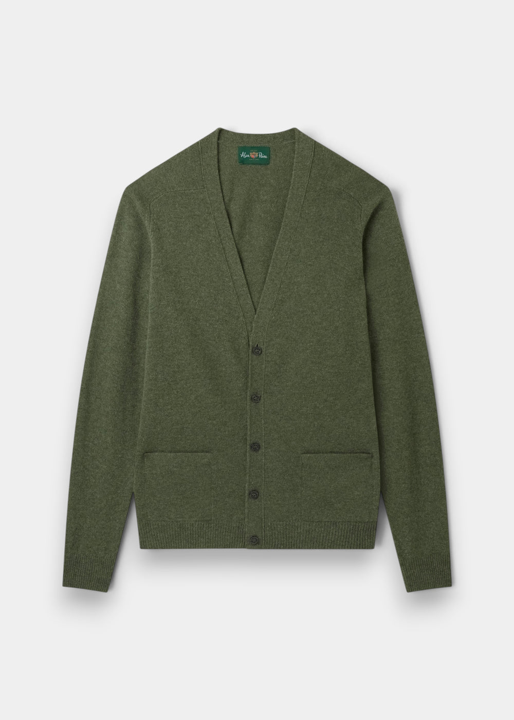 Cornwall Lambswool V-Neck Cardigan in Landscape, classic fit, olive green, with long sleeves and front pockets.