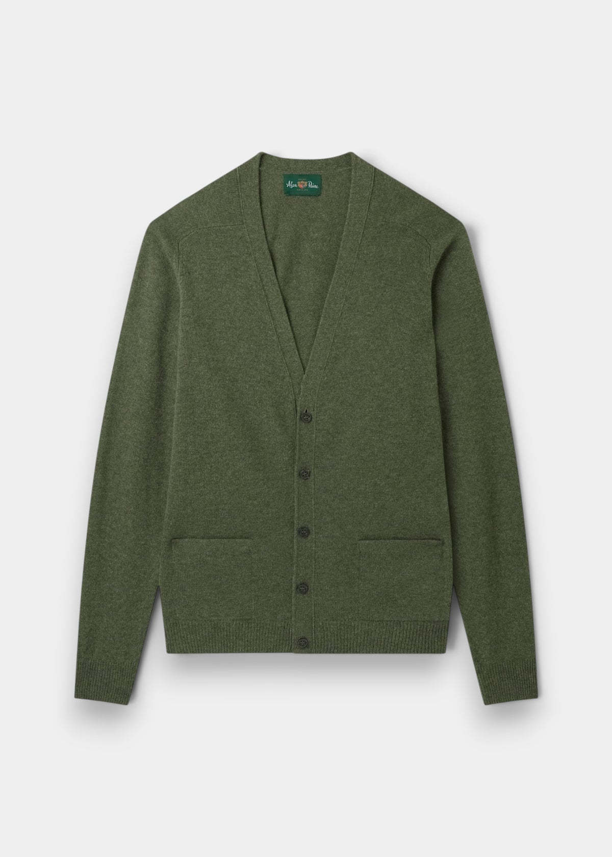 Cornwall Lambswool V-Neck Cardigan in Landscape, classic fit, olive green, with long sleeves and front pockets.