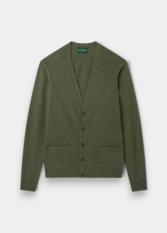 Alan Paine Cornwall lambswool cardigan in landscape green with a V-neck, five-button front, and two jetted pockets.